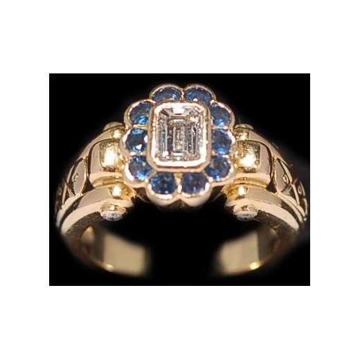 Bague diamant taille "emeraude" saphirs 