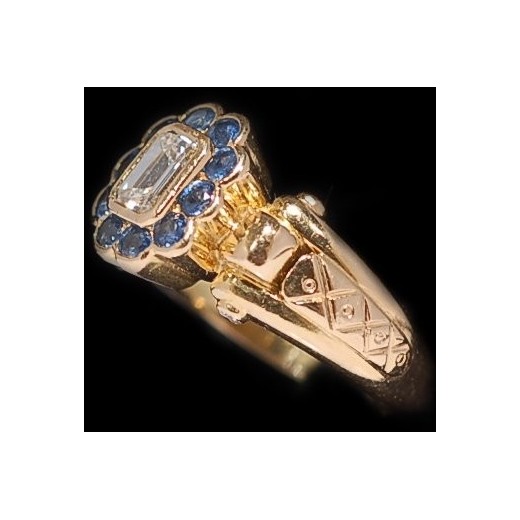 Bague diamant taille "emeraude" saphirs 