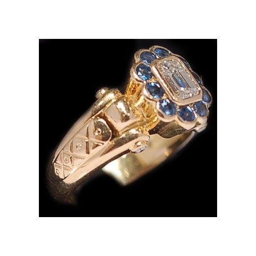 Bague diamant taille "emeraude" saphirs 
