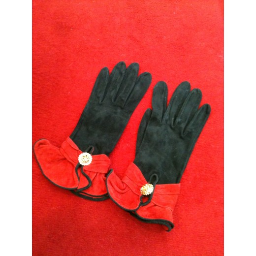 Gants Hermès en daim noir et rouge