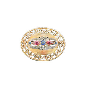Broche ancienne deux ors, saphirs et diamants