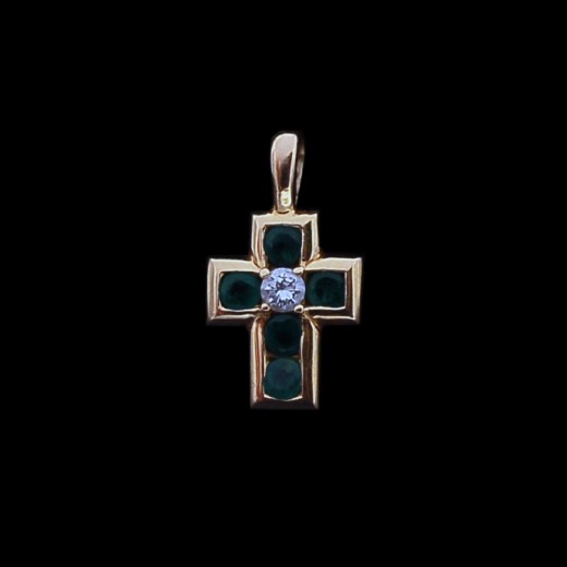 Pendentif croix ancien en or, diamant et émeraudes