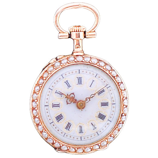 Montre de col ancienne en or, perles et diamant