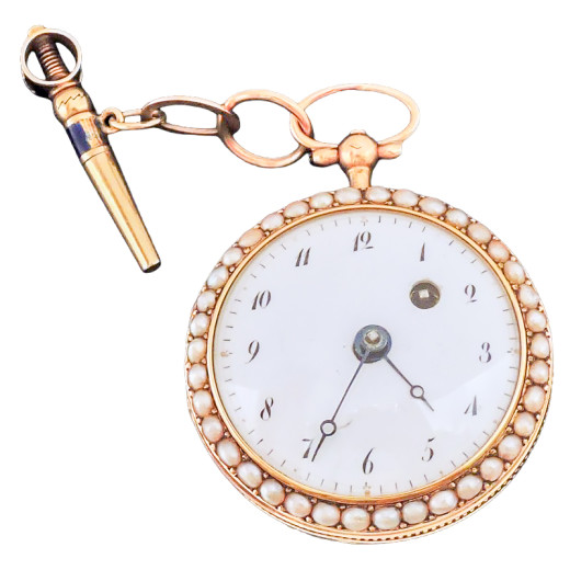 Montre à gousset et sa clé en or, émail et perles