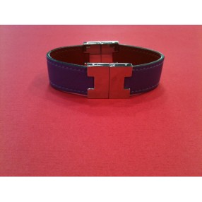 Bracelet Hermès en cuir réversible violet/ rouge