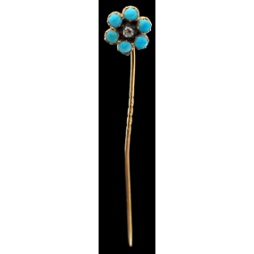 Épingle ancienne fleur en or, émail et diamant