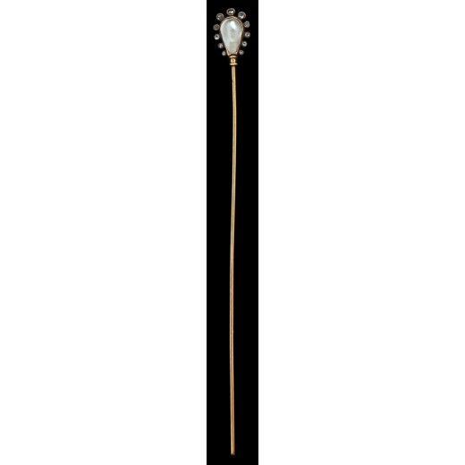 Épingle ancienne à chapeau en or, perles et diamants