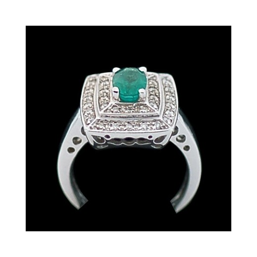 Bague rectangulaire en or, diamants et émeraude