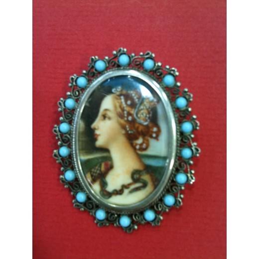 Broche/ Pendentif en argent et turquoises, peinture sur ivoire