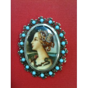 Broche/ Pendentif en argent et turquoises, peinture sur ivoire