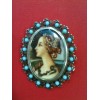 Broche/ Pendentif en argent et turquoises, peinture sur ivoire