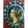 Broche/ Pendentif en argent et turquoises, peinture sur ivoire