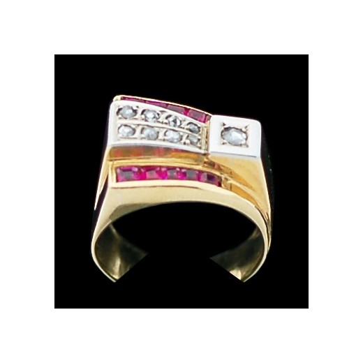 Bague ancienne Tank deux ors, rubellites et diamants