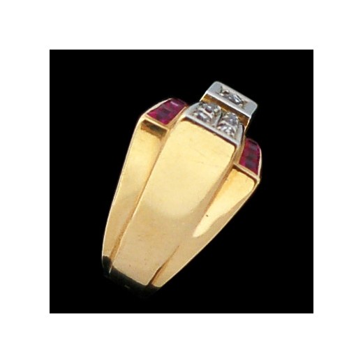 Bague ancienne Tank deux ors, rubellites et diamants