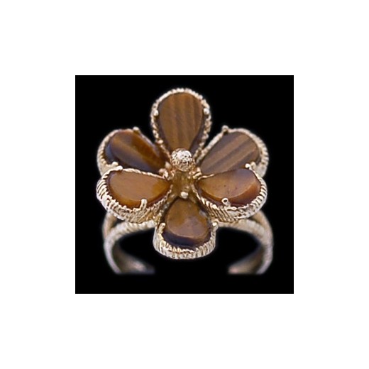 Bague fleur en or et œil de tigre