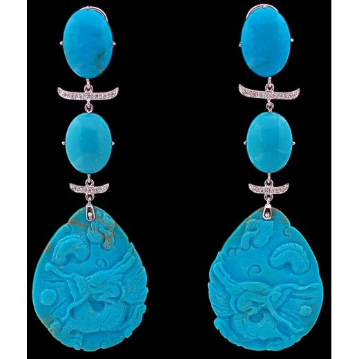 Boucles d'oreilles pendantes en turquoise, or et diamants