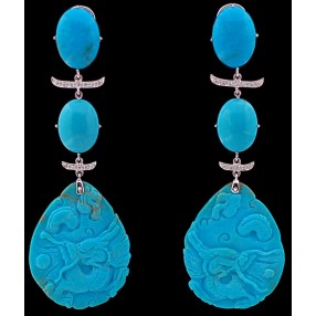 Boucles d'oreilles pendantes en turquoise, or et diamants