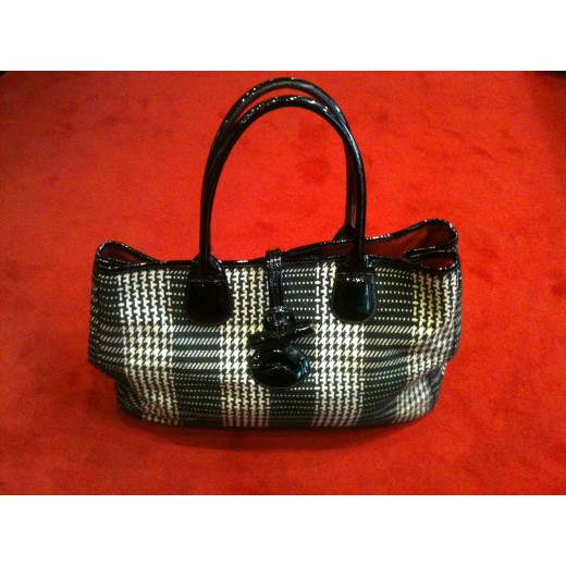 Sac Longchamp en tissu pied de poule et cuir vernis noir