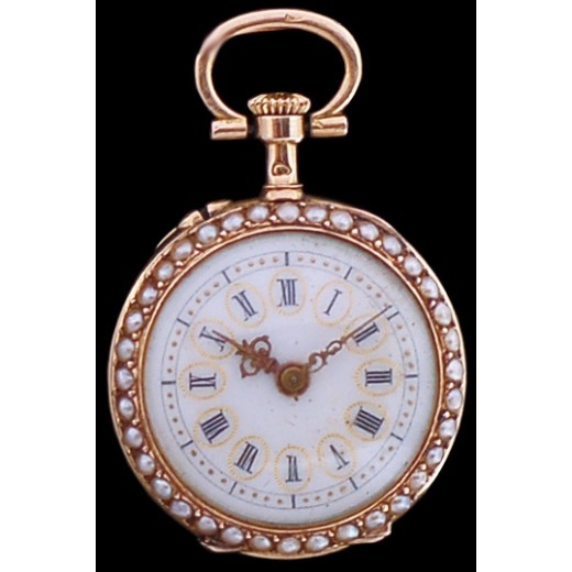 Montre de col ancienne en or, perles et diamant