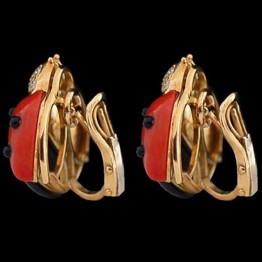 Boucles d'oreilles De Grisogono Coccinelle en or, corail, onyx et diamants