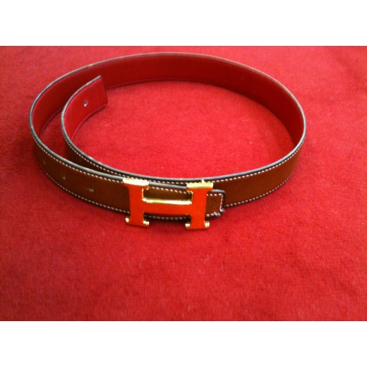 Ceinture Hermès H en cuir réversible gold/rouge