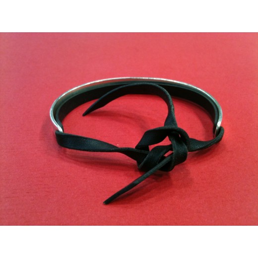 Bracelet Hermès Cartouche en cuir noir et argent