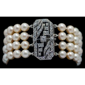 Bracelet ancien 4 rangs de perles en or, platine et diamants