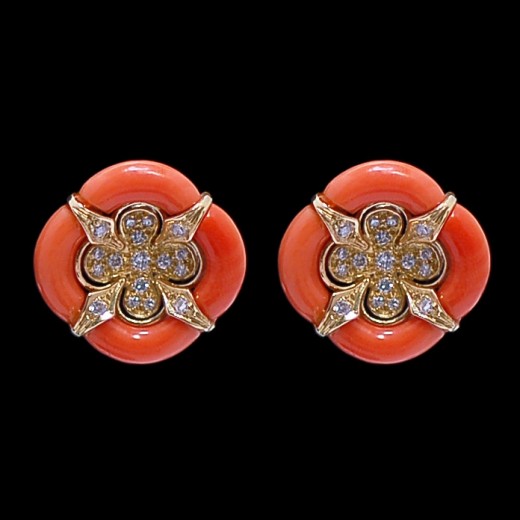 Boucles d'oreilles Fleur en or, corail et diamants