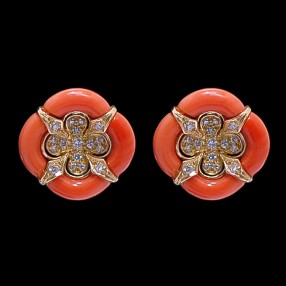 Boucles d'oreilles Fleur en or, corail et diamants