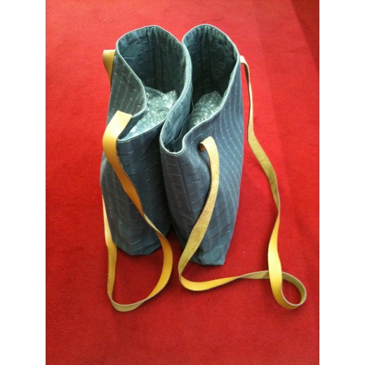 Sac Hermès en coton gris et cuir 