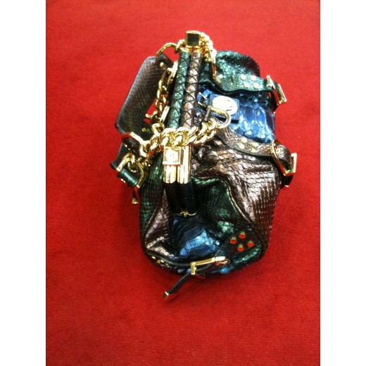 Sac Versace en cuir façon python vert, bleu et chocolat