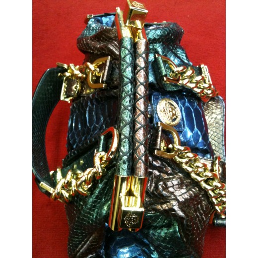 Sac Versace en cuir façon python vert, bleu et chocolat