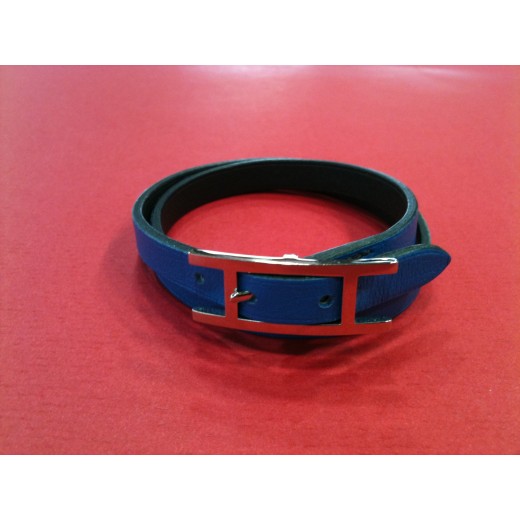 Bracelet Hermès behapi double tour en cuir bleu