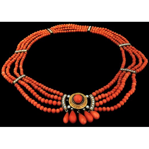 Collier ancien corail, émail et perles fines