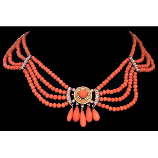 Collier ancien corail, émail et perles fines