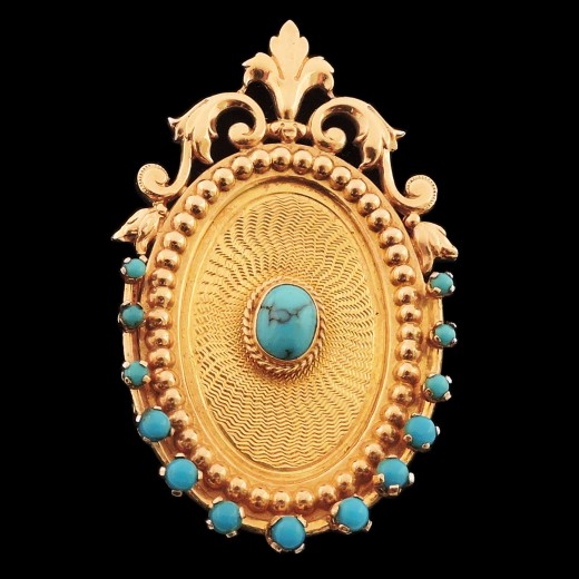 Pendentif porte photo en or et turquoises