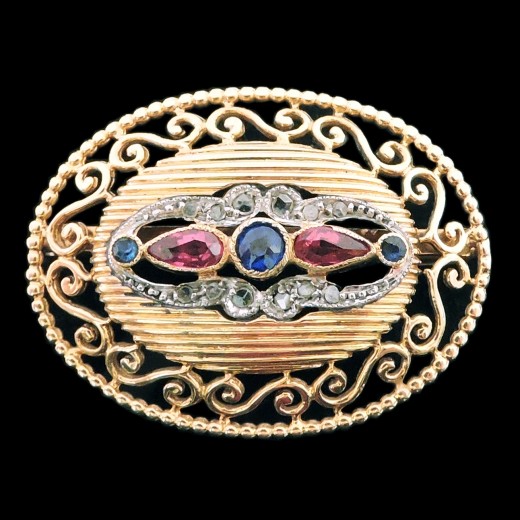 Broche ancienne deux ors, saphirs et diamants