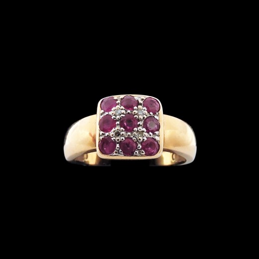 Bague carrée deux ors rubis diamants