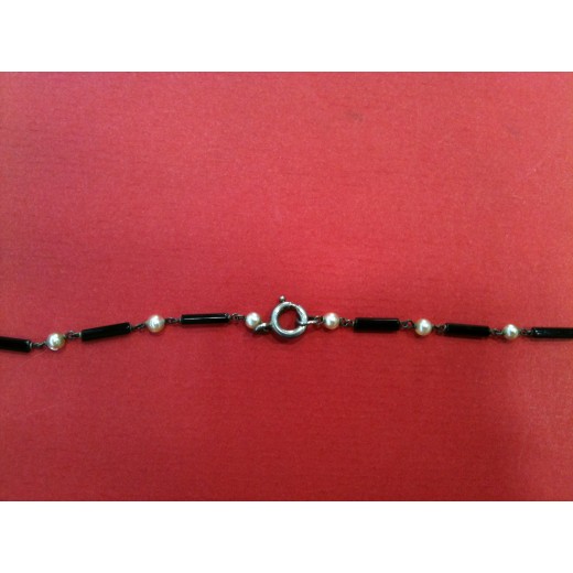 Collier Sautoir Art Déco En Onyx Noir - Ancien - Occasion - Style Années 20/30