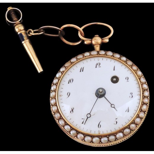 Montre à gousset et sa clé en or, émail et perles