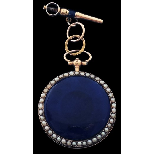 Montre à gousset et sa clé en or, émail et perles