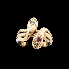 Bague Homme deux têtes de serpents rubis diamants