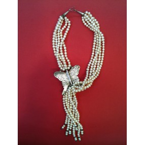 Collier Papillon en métal argenté et perles