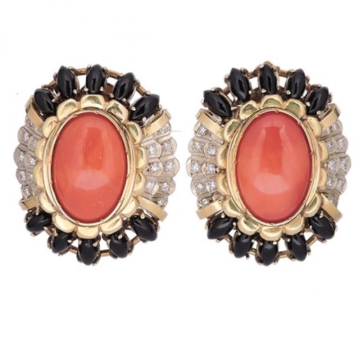 Boucles d'oreilles en Or 14 K  Corail Onyx et diamants