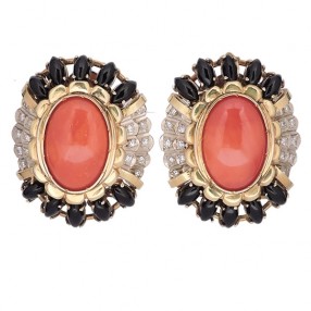 Boucles d'oreilles en Or 14 K  Corail Onyx et diamants