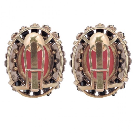 Boucles d'oreilles en Or 14 K  Corail Onyx et diamants