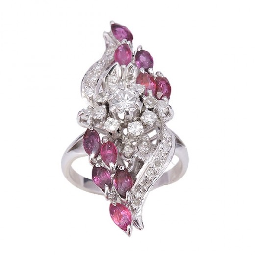 Bague or blanc 18 K rubis et diamants