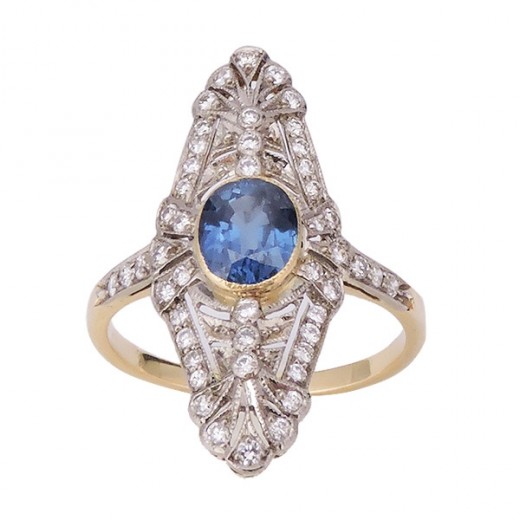 bague ancienne en or 18 k, diamants et saphir