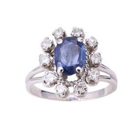 bague marguerite en or blanc, diamants et saphir