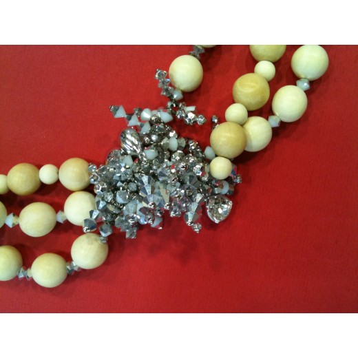 Collier Vintage Années 50 - 3 Rangs De Perles En Résine Noir Et Vert - Ancien, Très Bon état
